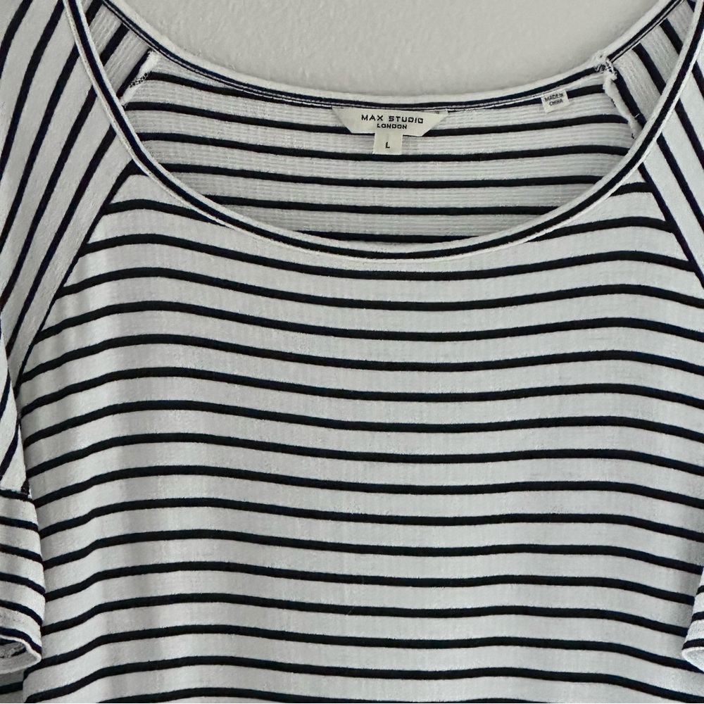 Max Studio Black and White Striped Ruffle Short Sleeve Shift Dress - Picture 5 of 5